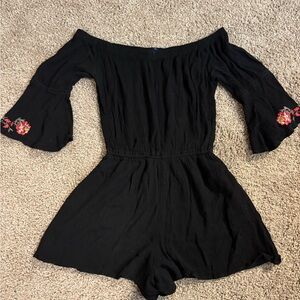 Blue Rain Black Long Sleeve Romper with Floral Embroidery